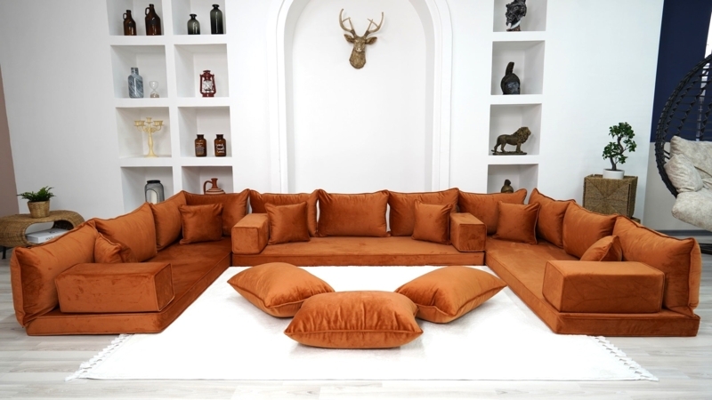 U-Shaped Sectional Floor Seating in Amber Velvet Moroccan Style
