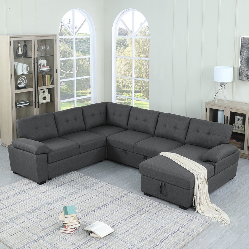 U-Shaped Sectional Sleeper Sofa with Storage Chaise, Charcoal Grey