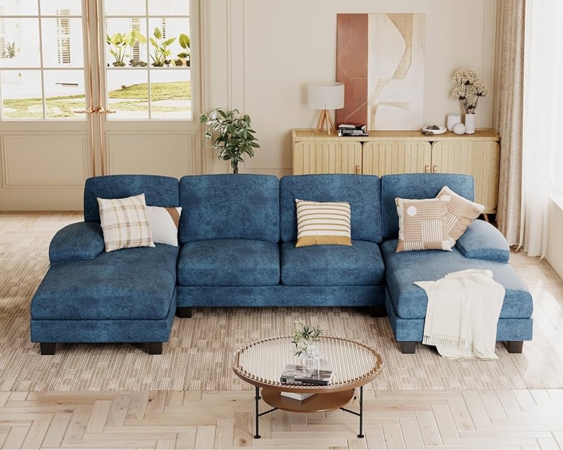 U-Shaped Sectional Sofa Blue Chenille Double Chaise Scandinavian Style