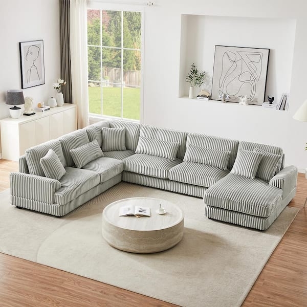 U-Shaped Sectional Sofa Gray Corduroy Rolled Arms Chaise Lounge