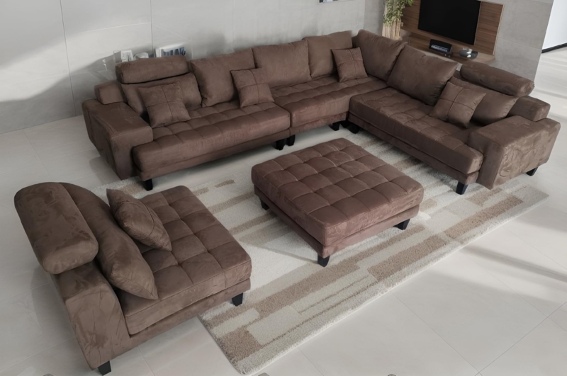 U-Shaped Sectional Sofa Set with Grid Tufting and Adjustable Headrests