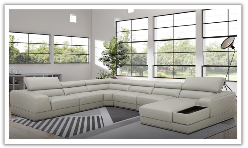 U-Shaped Sectional Sofa with Armrest Storage and Adjustable Headrests.