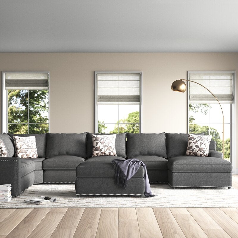 U-Shaped Sectional Sofa with Nailhead Trim and Modular Design, Charcoal