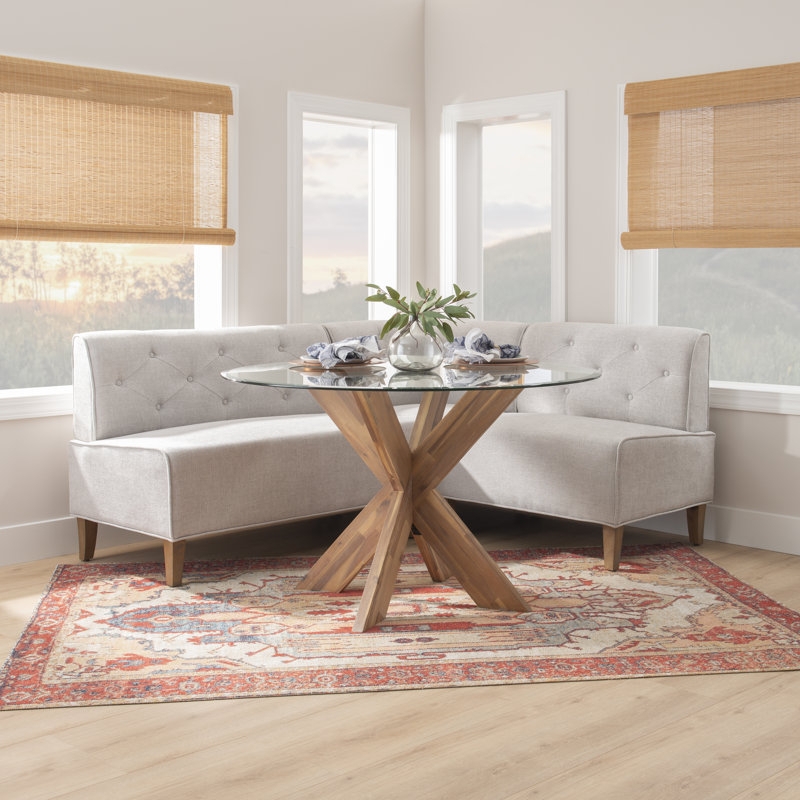 Upholstered Corner Nook Set with Tufted Seating and Round Glass Top