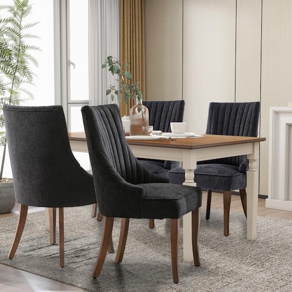 Upholstered Dining Chair Set Charcoal Black Channel Tufted Wood Legs