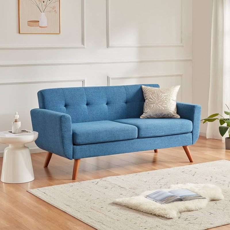 Upholstered Loveseat, Blue Woven Fabric, Button-Tufted, Splayed Legs