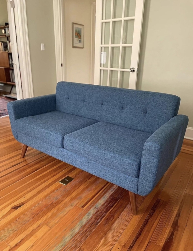 Upholstered Sofa, Denim Blue Woven Fabric, Button-Tufted Back