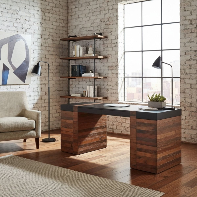 Urban Rustic Desk with Reclaimed Wood Pedestals