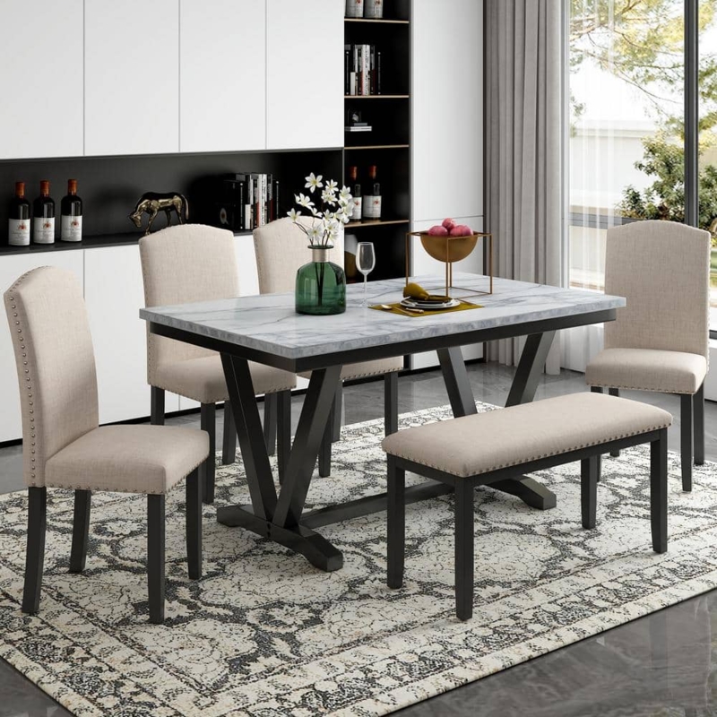 V-Shaped Leg Dining Room Set with Bench and Nailhead Trim