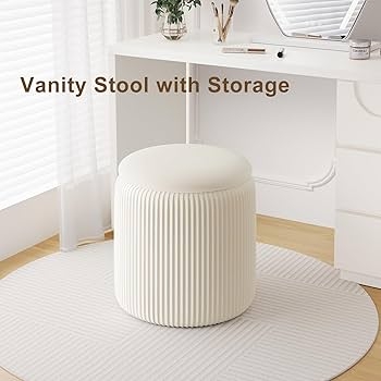 Vanity Stool Ribbed Texture Round Velvet Pouf With Storage