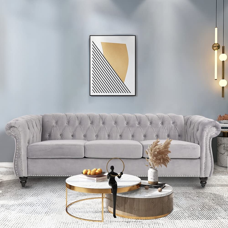 Velvet Chesterfield Sofa with Glam Style, Gold Accents, and Rolled Arms