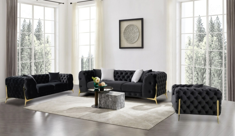 Velvet Living Room Set All Over Tufting Gold Stiletto Legs