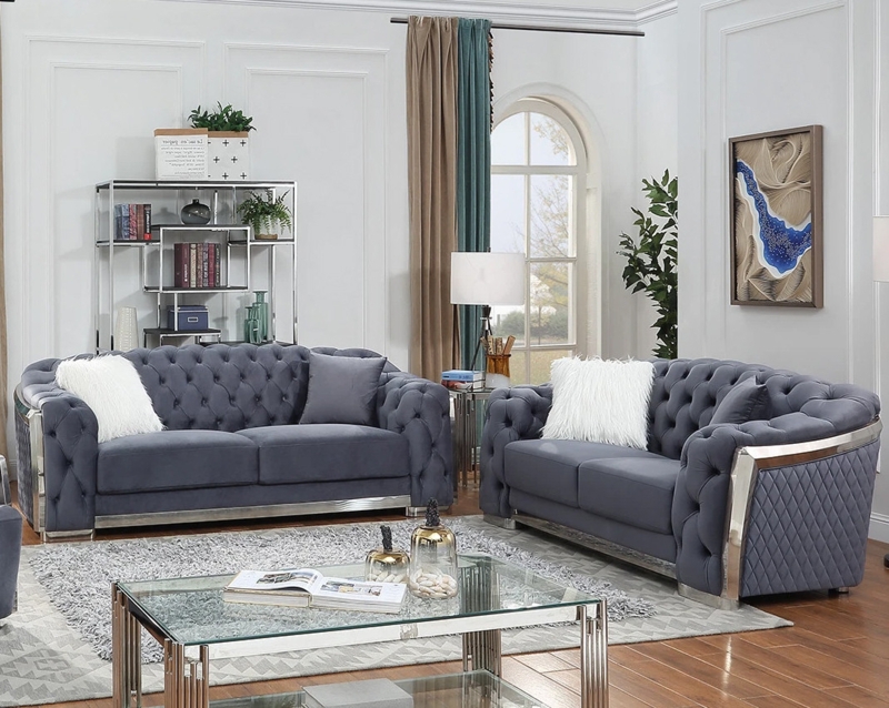 Velvet Living Room Set with Silver Frame and Quilted Sides