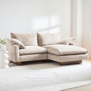 Velvet Sectional Sofa Light Beige Block Base Low Profile Modern