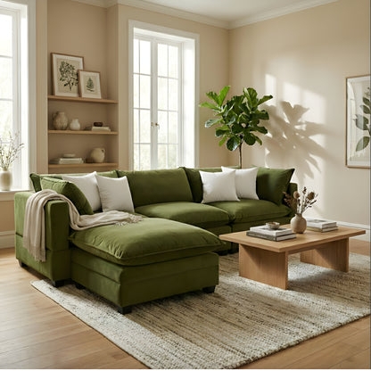 Velvet Sectional Sofa Olive Green Chaise Cloud Cushions
