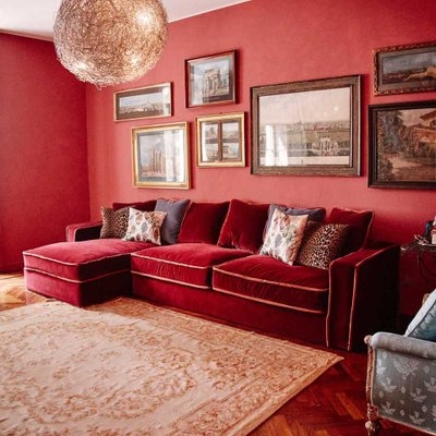 Velvet Sectional Sofa with Chaise Lounge in Monochromatic Red Palette