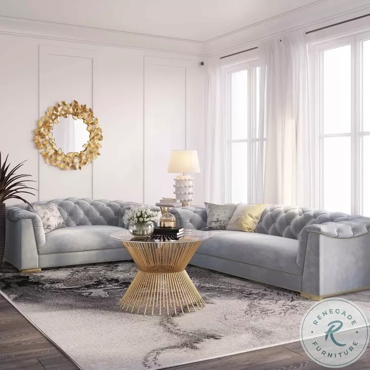 Velvet Sectional Sofa with Curved Arms and Tufted Back