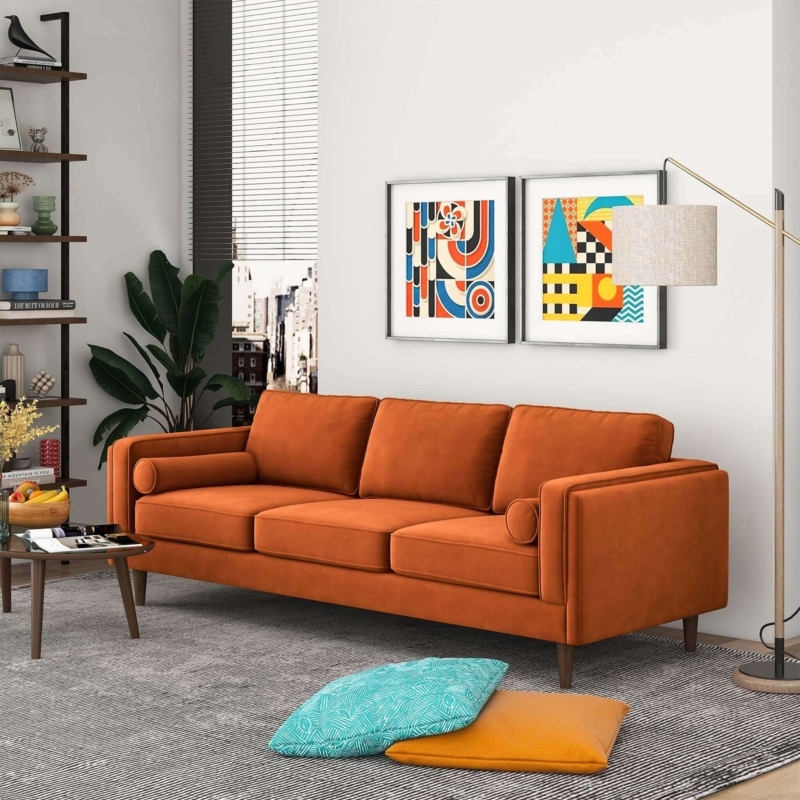Velvet Sofa Burnt Orange Bolster Pillows Tapered Legs