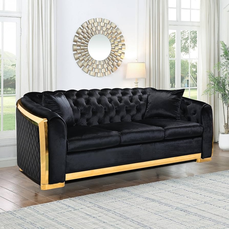 Velvet Sofa Diamond Quilted Sides Gold Plated Trim