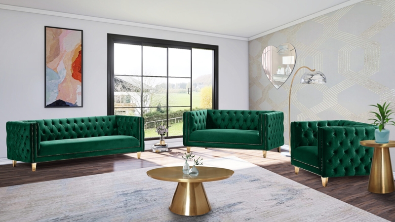 Velvet Sofa Emerald Green Glam Style with Gold Tapered Legs.