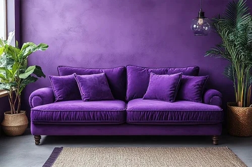 Velvet Sofa in Monochromatic Palette with Textured Accent Wall