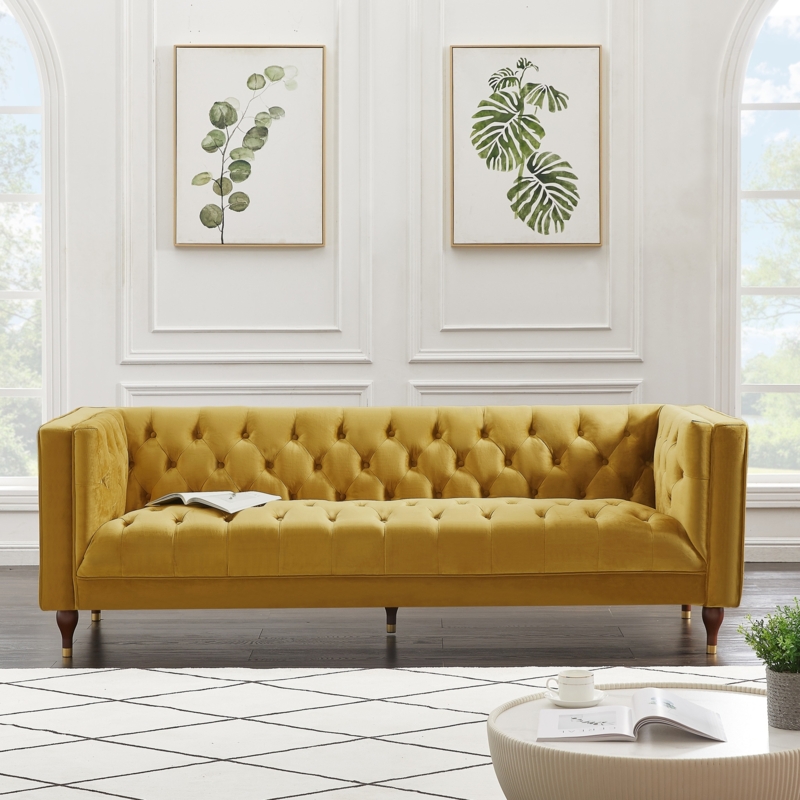 Velvet Sofa in Mustard Tone with All-Over Tufting and Gold Capped Legs
