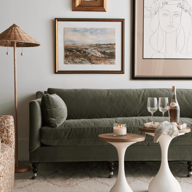 Velvet Sofa Moss Green Tuxedo Arm with Turned Legs and Casters