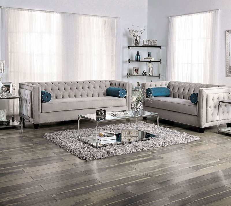 Velvet Sofa Set featuring Tuxedo Style and Nailhead Trim Details
