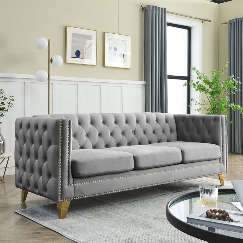 Velvet Sofa with Button Tufted Arms and Gold Nailhead Trim
