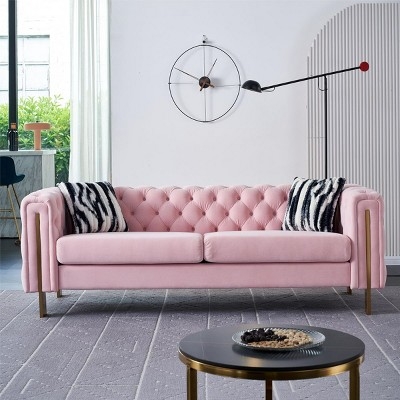 Velvet Tuxedo Sofa Diamond Tufted Gold Metal Legs Glam Style