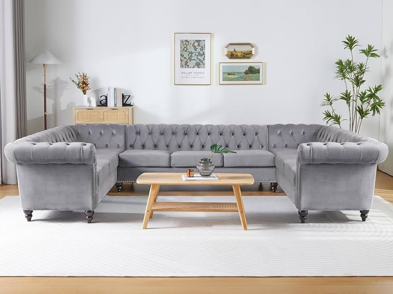 Velvet U-Shaped Sectional Sofa with Scroll Arms and Nailhead Trim