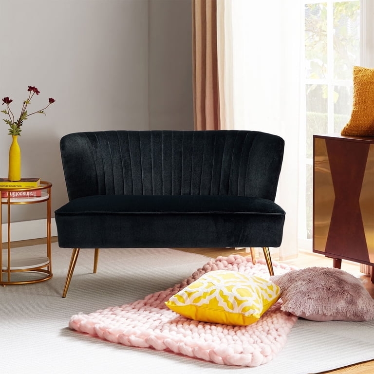 Vertical Channel Tufted Loveseat, Gold Tapered Legs, Curved Back Settee.