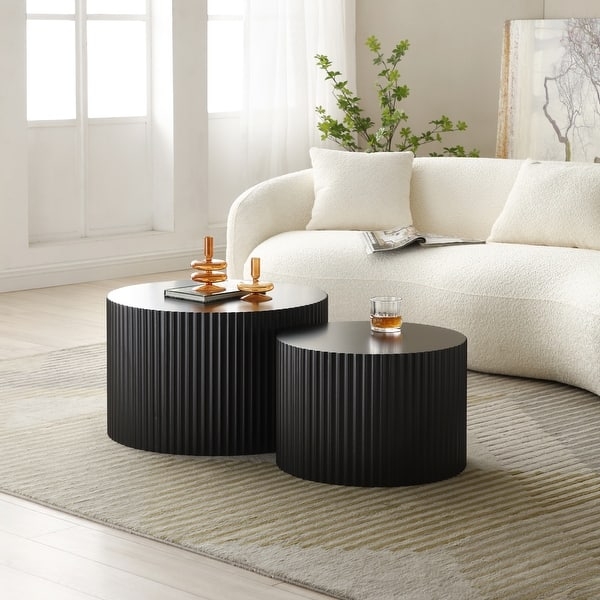 Vertical Fluting Coffee Table Matte Drum Nesting Set Modern Minimalist