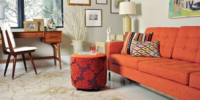 Vibrant Orange Sofa with Grid Tufted Back and Tapered Legs