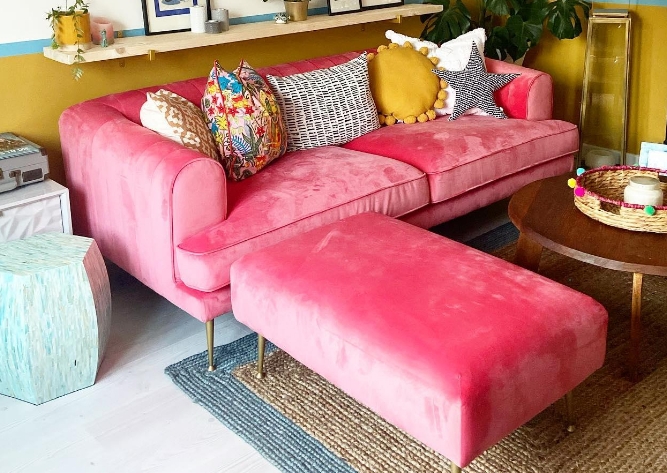 Vibrant Velvet Sofa Gold Tapered Legs With Matching Ottoman