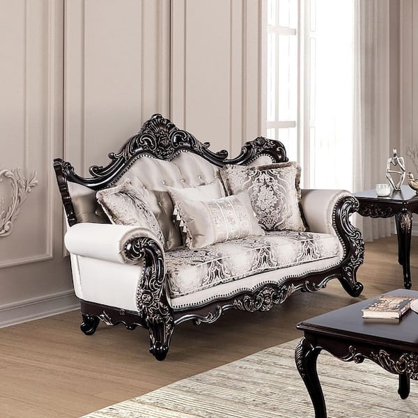 Victorian Style Tufted Loveseat, Dark Cherry Finish, Floral Pattern