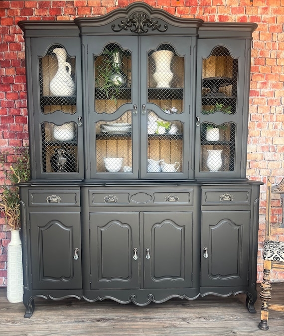 Vintage Farmhouse China Cabinet Chicken Wire Doors Ornate Pediment