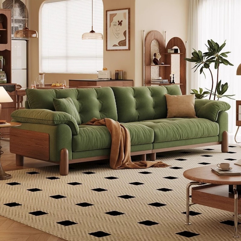 Vintage Green Tufted Sofa with Wood Arm Inserts