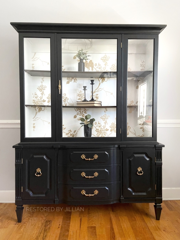 Vintage Hutch Refinished Black with Floral Interior Wallpaper