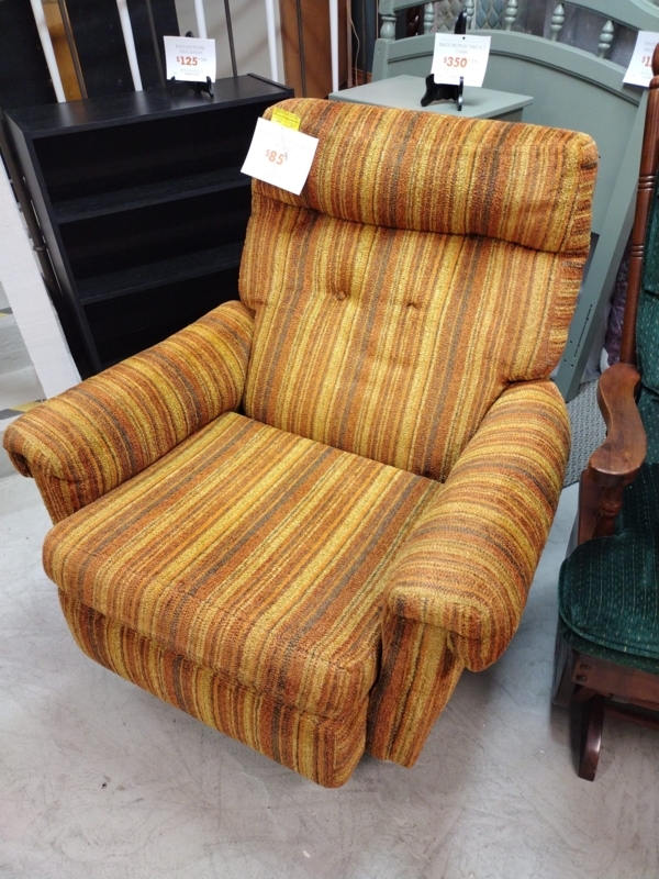 Vintage Recliner 1970s Striped Earth Tone Padded Headrest