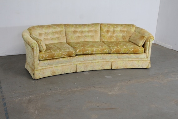 Vintage Sofa Chartreuse Velvet Concave Front Tufted Back