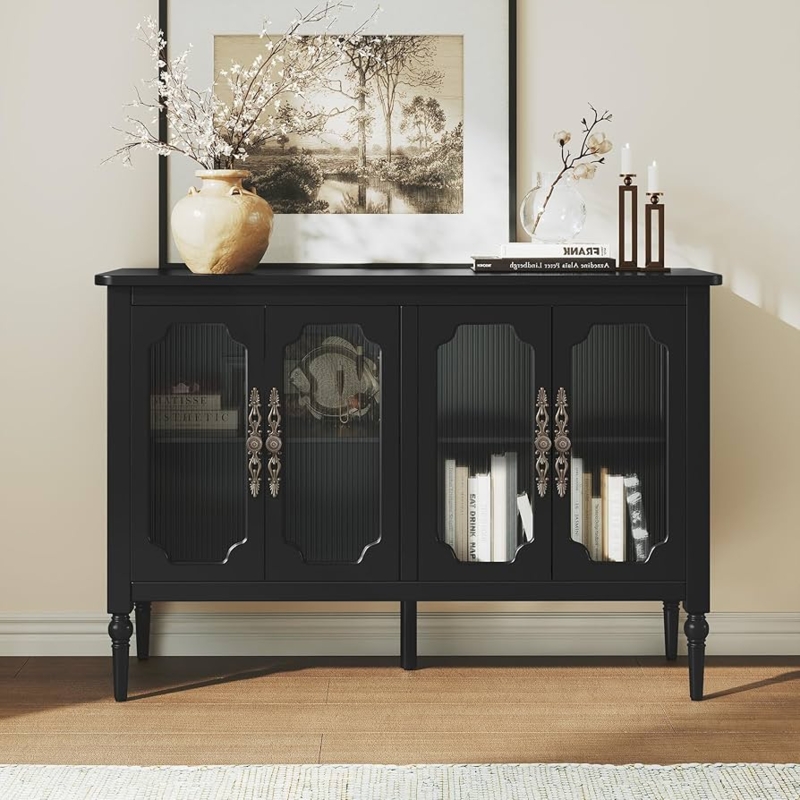 Vintage-Style Cabinet with Arched Fluted Glass Doors