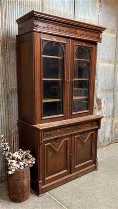 Vintage Walnut China Cabinet with Arched Glass Doors and Chevron Carving