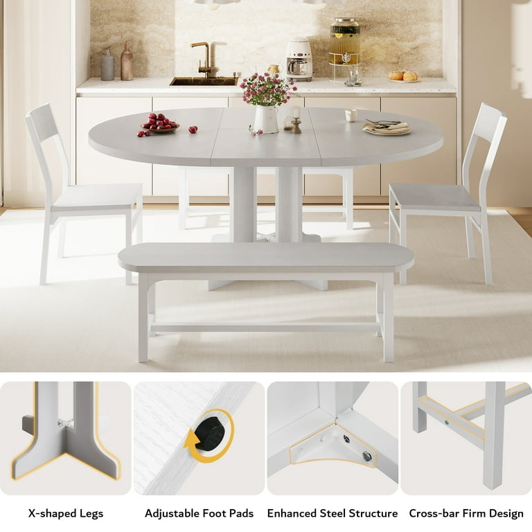 Virans 5-Piece Round Room Dining Table Set for 4-6,59" Extendable Kitchen Table with 2 Ergonomic Chairs & 2 Benches,Oval Modern Dining Set with MDF