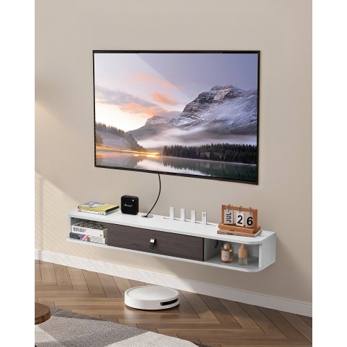 Wall Mounted Console Rounded Corners White And Wood TV Shelf