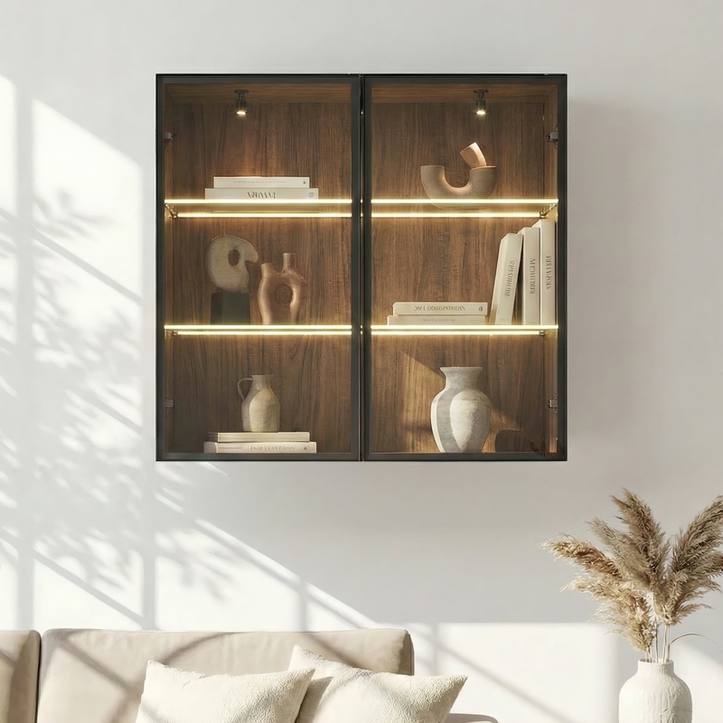 Wall Mounted Curio Cabinet with Integrated LED Shelves