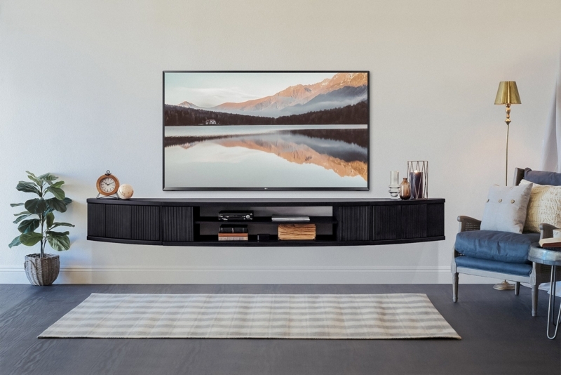 Wall Mounted Media Console Black Ribbed Curved Silhouette