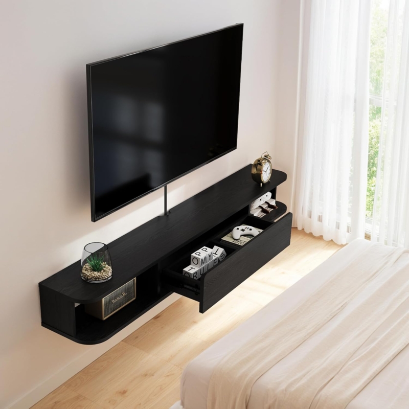 Wall Mounted Media Console Rounded Corners Center Drawer