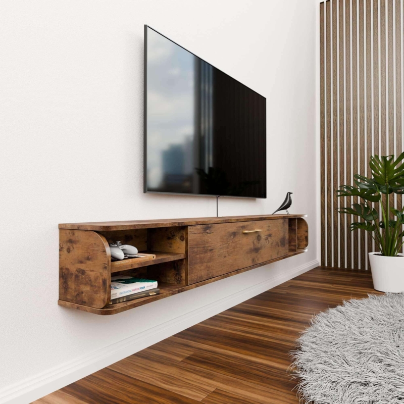 Wall Mounted Media Console with Curved Ends and Rustic Finish