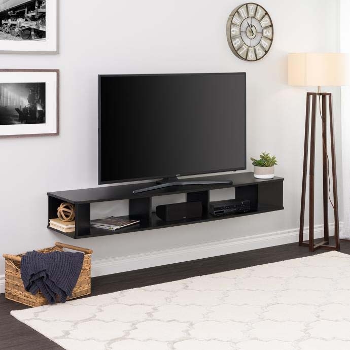 Wall Mounted Media Console with Floating Design and Open Shelving.